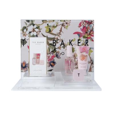 China Environmental Friendly Acrylic Cosmetic Display Makeup Promotion Brush Holder Cosmetic Organizer Display Stand For Shopping Mall With Poster for sale