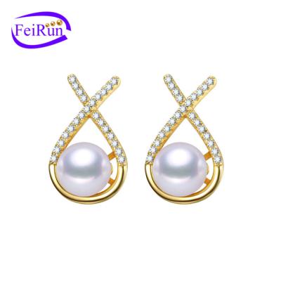 China BOHEMIA FEIRUN 8-8.5mm AA+ 925 Sterling Silver Fashion Gold Pearl Earrings Jewelry Wholesale Round for sale