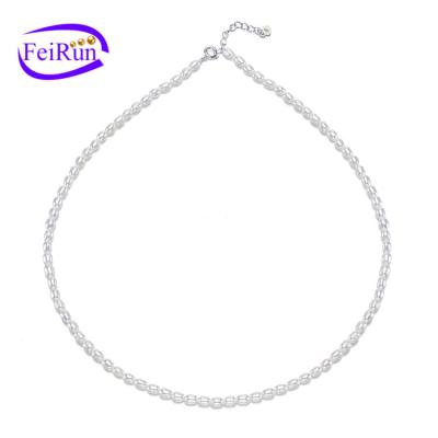 China FEIRUN Cute 3-4mm AA 16 Inch Small Rice Seed 925 Bead Choker Sterling Silver Necklace for sale