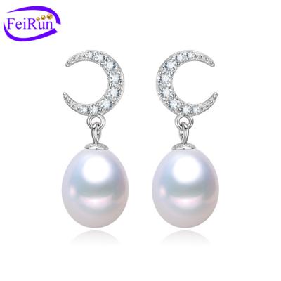 China FEIRUN Cute Moon Earring 925sterling Silver 8mm Drop 3A Grade Freshwater Pearl Hanging Earrings for sale