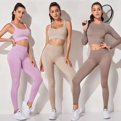 China Wholesale Custom Breathable Logo Seamless Gym Wear 2/3/5 Piece Set Ribbed Long Sleeve Style Yoga Lounge Set for sale