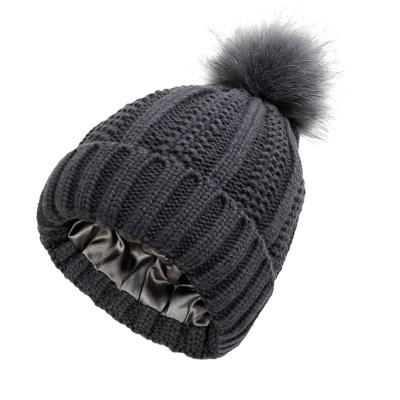 China COMMON Wholesale Custom Fashion Mens Womens Pom Pom Cotton Knit Satin Striped Beanie Winter Hat for sale