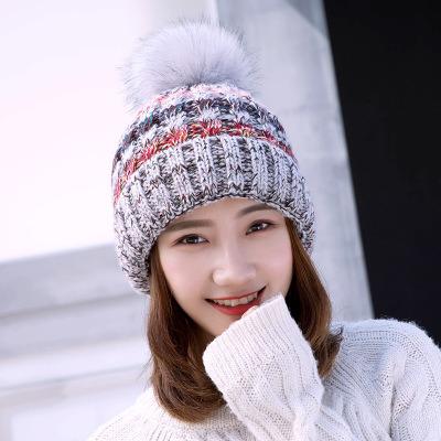 China New JOINT wholesale autumn and winter hats ladies curved wool hat plus velvet fur outer ball warm beanie knitted hats for sale