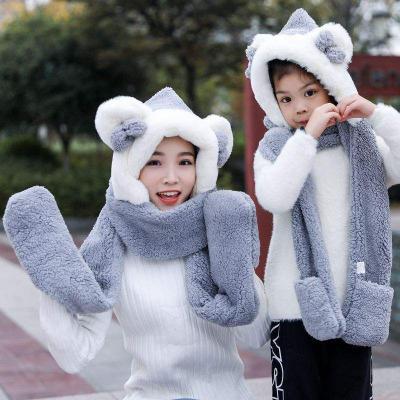 China Fashion\comfortable\durable cotton parent-child thickening warmth autumn and winter and scarf windproof cute gloves hat three-piece set for sale