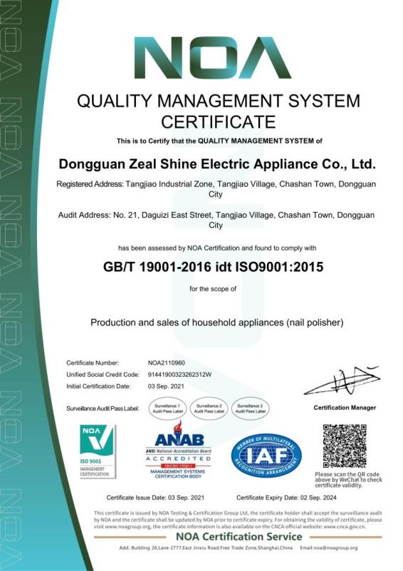 ISO9001 - Dongguan Zeal Shine Electric Appliance Co., Ltd.