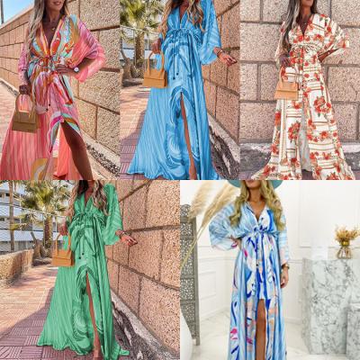 China 2021 Breathable Plus Size Autumn/Winter V Waist Elastic Beach Elegant Split Dress Boho Button Deep Waist Women's Long Dresses for sale