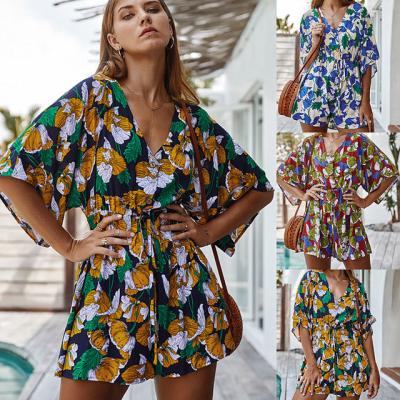 China Lady Rainwear Short Sleeves Loose Deep V-Neck Latest Design Floral Printed Short One Piece Overalls For Women for sale