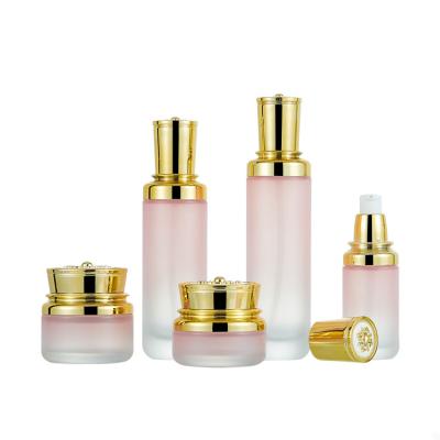 China Personal Care 30ml 40ml 50ml 100ml 120ml Cosmetic Packaging Rose Lotion Pump Bottle Cream Frosted Glass Container With Gold Lid for sale