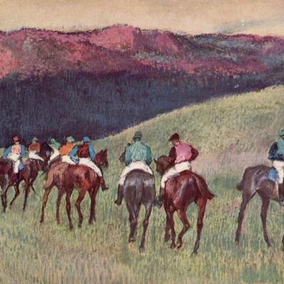 China Environmental Materials Racehorses In A Landscape Canvas Painting By Edgar Degas for sale