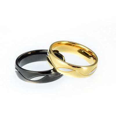 China Wholesale Romantic Women Jewelry Black Gold Plated Men Wave Engagement Band In Stock 8 Mm Couple Stainless Steel Wedding Rings For Custom for sale