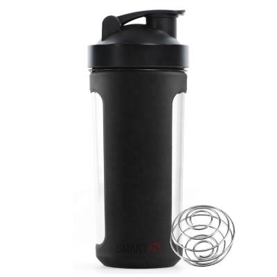 China New Viable Black Glass Protein Shaker Cup With Silicone Sleeve Metal Lid BPA Free Ready To Ship New Items for sale