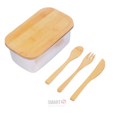 China Large Volume Container 1L Steamable Amazone Bamboo Steel Food Box Bamboo Hit Food Lid Spoon And Knives for sale