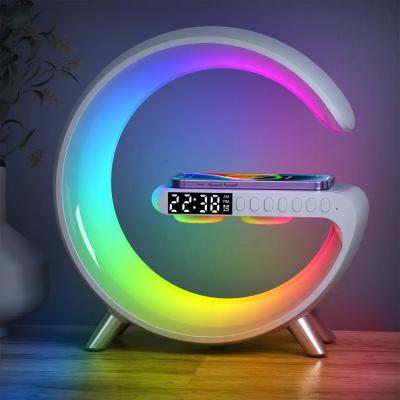 China Multifunctional Tablet Charger Alarm Clock Speaker APP Control RGB Night Light Wireless Charging Station For Iphone 11 12 13 14 for sale