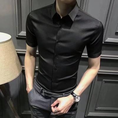 China News Solid Color Anti-pilling Shorts Mens Business Banquet Formal Dress Shirts Casual Slim Sleeve Shirts for sale