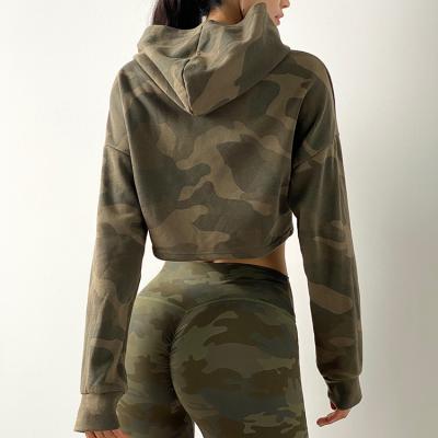 China Antibacterial Women Activewear Workout Wear Hoodie Crop Top And Butt Lift Yoga Gaiters Gym Camouflage Sport Set Suit for sale