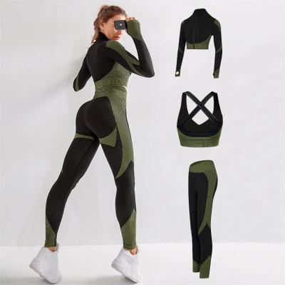 China Wholesale breathable 3 piece active yoga seamless set uses crac! crack! butt tights gym tops sports bra yoga pants sports with zipper for sale