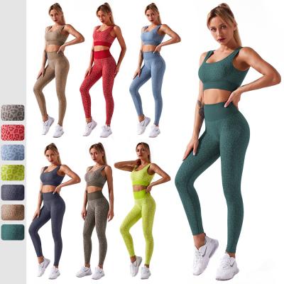 China Sustainable 2 Piece Leopard Yoga Sets Women Workout Apparel Gym Sets Fitness Yoga Sport Wear Seamless Athletic Sets for sale