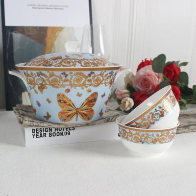 China Stocked 2022 New Factory Wholesale Embossed Design Decoration White Ceramic Soup Bowl With Lid for sale