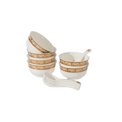 China Stocked 12 Pcs Custom Ceramic Soup Salad Rice Bowl And Spoon Set With Embossing Decal Gold Rim Design for sale