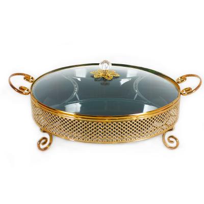 China Stocked 2022 New Arrival Candied Gold Metal Tray Green Plastic Bowl High Foot Fruit Plate With Lid for sale