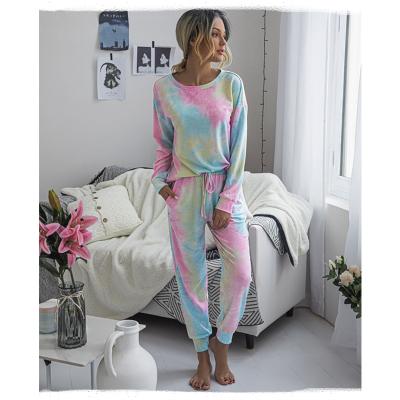 China New 9034 2020 QUICK DRY Home Wear Two Piece Set Women Sleepwear Long Sleeve 2 Piece Tie Dye Pajamas For Women for sale