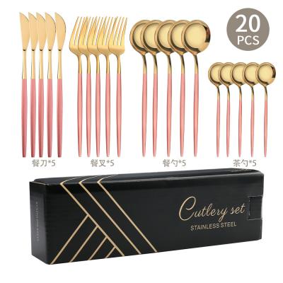 China 20 PCS/set Sustainable Factory Wholesale Gold Luxury Flat Dinnerware Sets Boxed Forks And Spoons Set Party Tableware For Wedding Hotel Christmas for sale