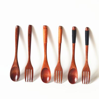 China 2 Pieces Sustainable Natural Wood Tableware Long Handle Solid Wooden Spoon Fork Spoon Portable Household Mini Handmade Tableware for sale