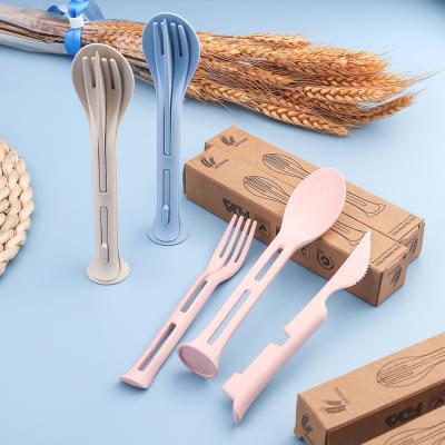 China Sustainable 3pcs/set Outdoor Portable Wheat Straw Material Children's Gift Knife Fork and Spoon Cute 3 in 1tableware for sale