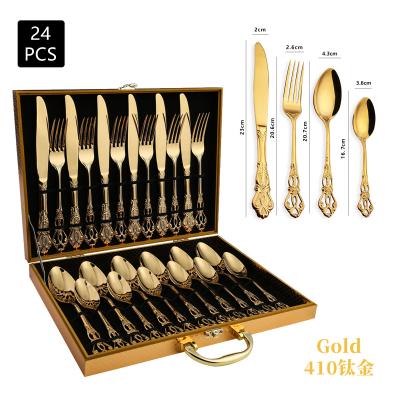 China 24pc/set Durable High End Luxury 410 Stainless Steel Cutlery Set Wooden Gold Gift Box Package For Wedding Hotel for sale