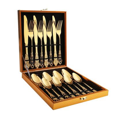 China Viable Luxury Royal 410 Series Stainless Steel 16pcs/set Yard Cutlery Set Wooden Gold Gift Box Package For Gifts for sale