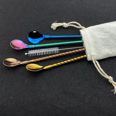 China Modern Reusable Long Stainless Steel Milk Coffee Straw Spoon Spiral Pattern Cocktail Juice Stirring Spoon With Brush Bar Drinking Tools for sale