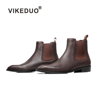 China Vikeduo Fashion Brown Lychee Pattern Calfskin Breathable Hand Made Shoes Couples Men Genuine Leather Chelsea Boots for sale