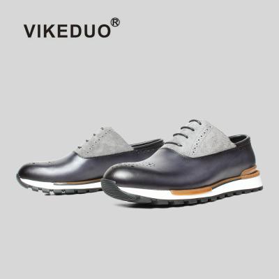 China VIKEDUO Factory Design Breathable Gray Brogue Calf Skin Hand Made Brand And Suede Sneaker Italy Genuine Leather Shoes Casual Shoes for sale