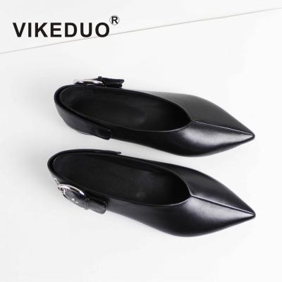 China Vikeduo Innovative Design Hand Made Flat Buckle Headed Toe Genuine Leather Black Casual Women Flat Shoes for sale