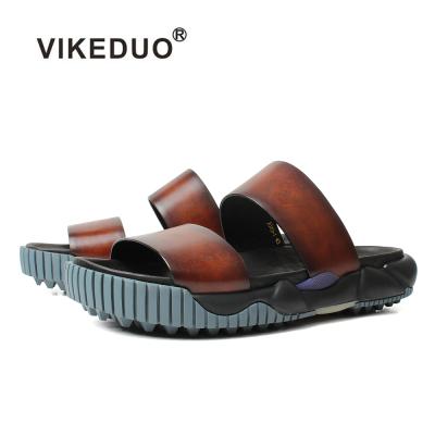 China Vikeduo Breathable Hand Made Slides Shoe Manufacturers Brown Slip On Man Shoes Summer Leather Sandals Slippers for sale