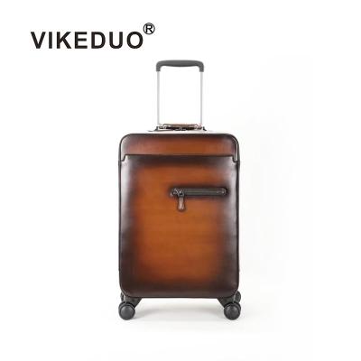 China Vikeduo GENUINE LEATHER Brown Hand Made Calf Rolls Trolley Vintage Suitcase Luggage Travel Suitcases For Men Traveling for sale