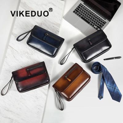 China Popular Handmade Wholesale Leather Custom Designer Style Bags Fashion Accessory Metal Zipper VIKEDUO Strap Clutch For Men for sale