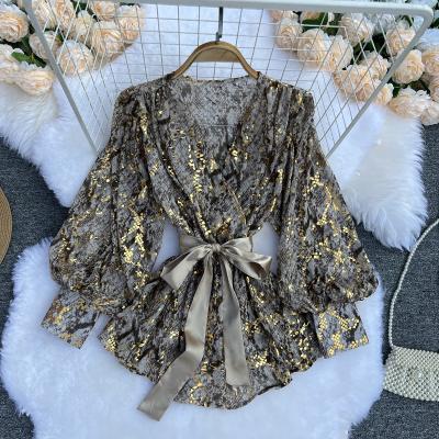 China 2022 Breathable Temperament V-Neck Breath Sleeve Waist Strap Retro Gold Printed Snakeskin Print Shirt Luxury Women Tops Ladies for sale