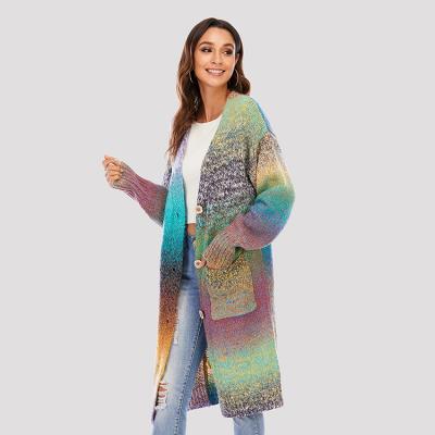 China Logo Color Block Ladies Colorful Customized 2021 Winters Breathable Printing Oversized Knitted Sweater Coat Long Cardigan For Women for sale