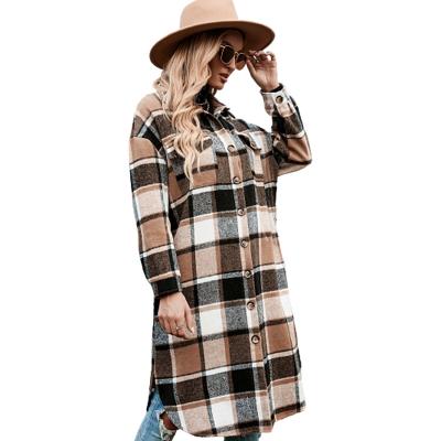 China 2021 Anti-wrinkle plaid print coat fashion women long loose pocket ladies casual elegant woolen fleece coats overcoats for sale