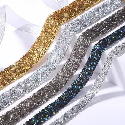 China Colorful Resin Applique Crystal Fabric Ribbon Rhinestone Banding Rhinestone Trim Chain Hotfix ab Flatback Wholesale For Clothing Crafts for sale