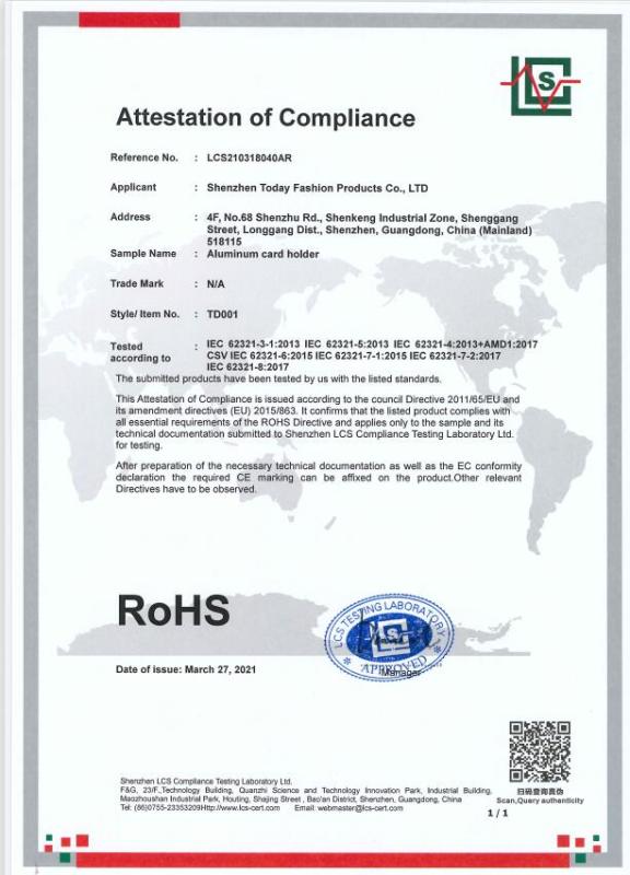 RoHS - Shenzhen Today Fashion Products Co., Ltd.