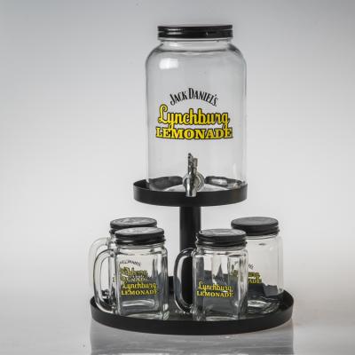 China Viable Wholesale Custom Logo Glass Mason Jar Four Sets Glass Beverage Dispenser Beverage Jar With Metal Stand for sale