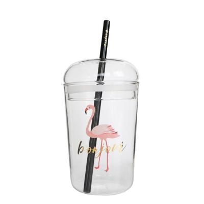 China High Sustainable Borosilicate Glass 400ml Reusable Coffee Mug With Flamingo Pattern Hot Water Glass With Straw Glass Lid for sale