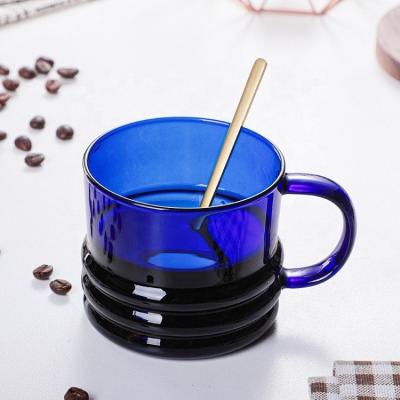 China Viable 250ml hand color blown insulated mug threaded clear and unique shape coffee cup with handle can be customized logo for sale