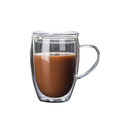 China Viable Heat Resistant Double Glass Mug Be Customized Logo Glass Double Coffee Cup Creative Glass Mug With Handle for sale