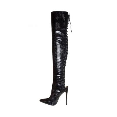 China 2020 Latest Design Sexy Black Patent Leather Thigh High Anti-slippery Custom Boots for sale