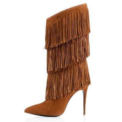 China Anti-slippery Tassel Ladies Plush Suede Winter Girls Boots Women Stiletto Heels for sale