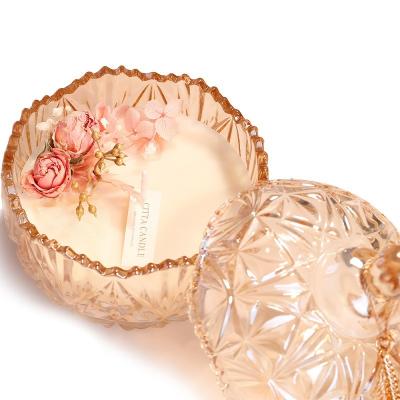 China Home Luxury Custom Smell Good Private Label Decoration Jar Soy Glass Wax Scented Candle With Flowers for sale