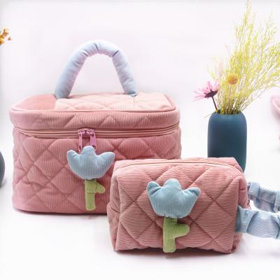 China OEM Large Capacity Fashion Corduroy Wholesale Tulip Bags Toiletries Case Portable Institute Of Statistics Beautiful Makeup Cosmetic Bag Women Women for sale